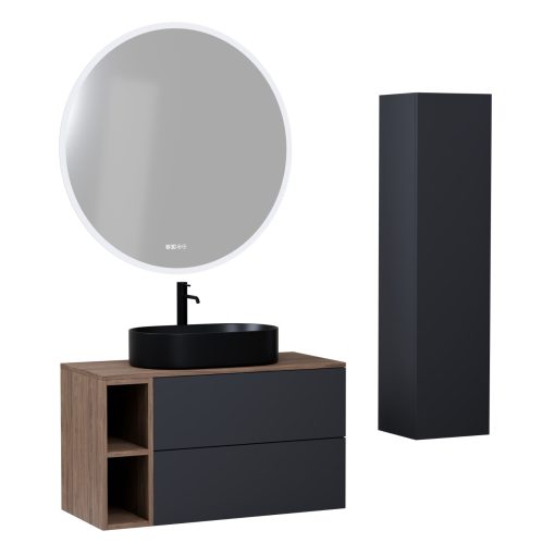 HD Zyra Pro+ Antracit 100 komplett fürdőszoba bútor szett fali push-to-open mosdószekrénnyel, oak mosdópulttal, kiegészítő oak fali modullal, tükörrel és magasszekrénnyel