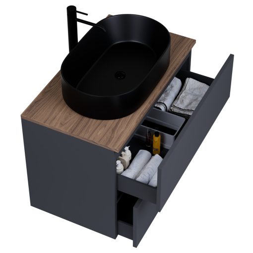 HD Zyra Antracit 80 komplett fürdőszoba bútor szett fali mosdószekrénnyel, oak mosdópulttal, tükörrel és magasszekrénnyel