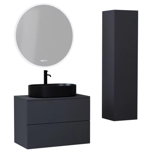 HD Zyra Pro Antracit 80 komplett fürdőszoba bútor szett fali push-to-open mosdószekrénnyel, antracit mosdópulttal, tükörrel és magasszekrénnyel
