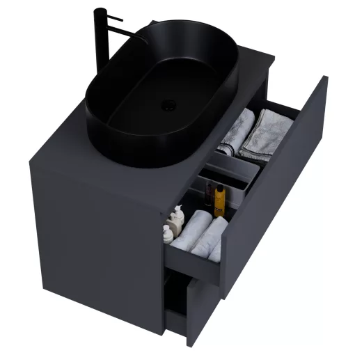 HD Zyra Pro Antracit 80 komplett fürdőszoba bútor szett fali push-to-open mosdószekrénnyel, antracit mosdópulttal, tükörrel és magasszekrénnyel