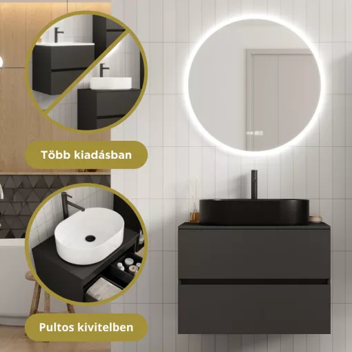 HD Zyra Pro Antracit 80 komplett fürdőszoba bútor szett fali push-to-open mosdószekrénnyel, antracit mosdópulttal, tükörrel és magasszekrénnyel