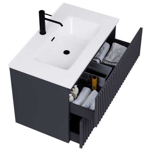 HD Ravello Pro Matt Antracit 80 fali mosdószekrény, push-to-open mechanizmussal, fényes fehér slim mosdóval