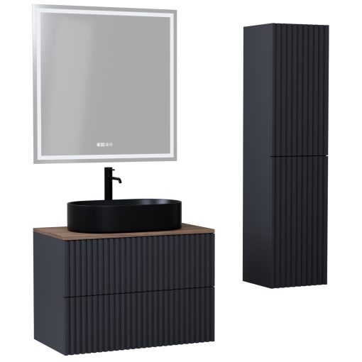 HD Rapallo Pro Matt Antracit 80 komplett fürdőszoba bútor szett fali push-to-open mosdószekrénnyel, tölgyfa színű mosdópulttal, tükörrel és magasszekrénnyel