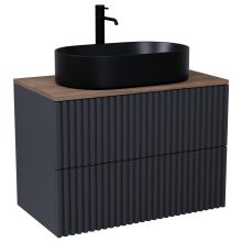 HD Rapallo Pro Matt Antracit 80 komplett fürdőszoba bútor szett fali push-to-open mosdószekrénnyel, tölgyfa színű mosdópulttal, tükörrel és magasszekrénnyel