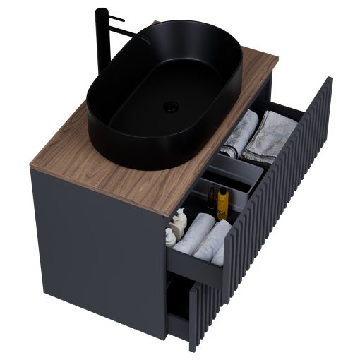 HD Rapallo Pro Matt Antracit 80 komplett fürdőszoba bútor szett fali push-to-open mosdószekrénnyel, tölgyfa színű mosdópulttal, tükörrel és magasszekrénnyel