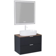 HD Rapallo Matt Antracit 80 komplett fürdőszoba bútor fali mosdószekrénnyel, matt fehér fogantyúkkal, tölgyfa színű mosdópulttal és tükörrel