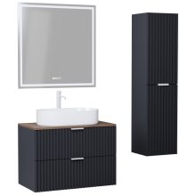 HD Rapallo Matt Antracit 80 komplett fürdőszoba bútor szett fali mosdószekrénnyel, matt fehér fogantyúval, tölgyfa színű mosdópulttal, tükörrel és magasszekrénnyel