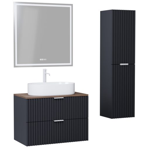 HD Rapallo Matt Antracit 80 komplett fürdőszoba bútor szett fali mosdószekrénnyel, matt fehér fogantyúval, tölgyfa színű mosdópulttal, tükörrel és magasszekrénnyel
