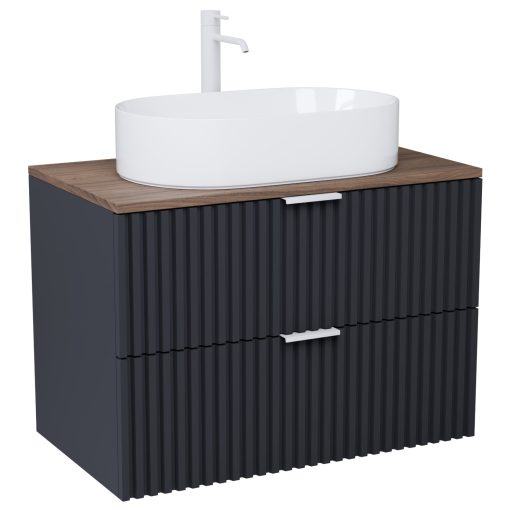 HD Rapallo Matt Antracit 80 komplett fürdőszoba bútor szett fali mosdószekrénnyel, matt fehér fogantyúval, tölgyfa színű mosdópulttal, tükörrel és magasszekrénnyel