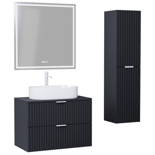 HD Rapallo Matt Antracit 80 komplett fürdőszoba bútor szett fali mosdószekrénnyel, matt fehér fogantyúval, antracit mosdópulttal, tükörrel és magasszekrénnyel
