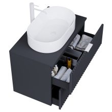 HD Rapallo Matt Antracit 80 komplett fürdőszoba bútor szett fali mosdószekrénnyel, matt fehér fogantyúval, antracit mosdópulttal, tükörrel és magasszekrénnyel