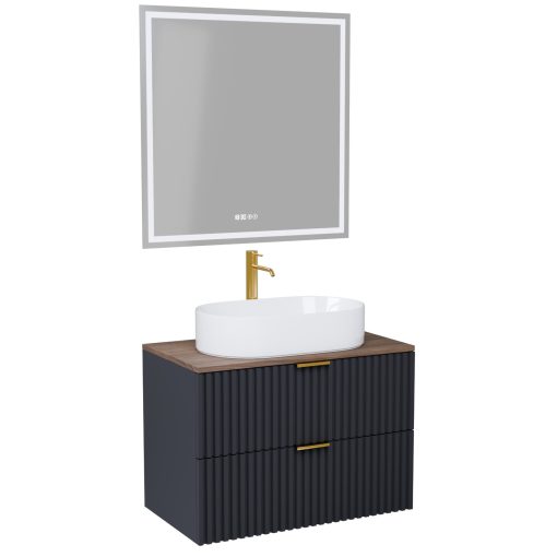 HD Rapallo Matt Antracit 80 komplett fürdőszoba bútor fali mosdószekrénnyel, szálcsiszolt arany fogantyúkkal, tölgyfa színű mosdópulttal és tükörrel