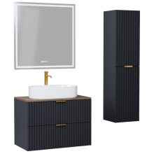 HD Rapallo Matt Antracit 80 komplett fürdőszoba bútor szett fali mosdószekrénnyel, szálcsiszolt arany fogantyúval, tölgyfa színű mosdópulttal, tükörrel és magasszekrénnyel