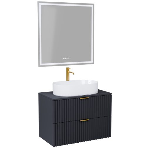 HD Rapallo Matt Antracit 80 komplett fürdőszoba bútor fali mosdószekrénnyel, szálcsiszolt arany fogantyúkkal, antracit mosdópulttal és tükörrel