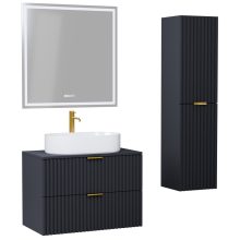 HD Rapallo Matt Antracit 80 komplett fürdőszoba bútor szett fali mosdószekrénnyel, szálcsiszolt arany fogantyúval, antracit mosdópulttal, tükörrel és magasszekrénnyel