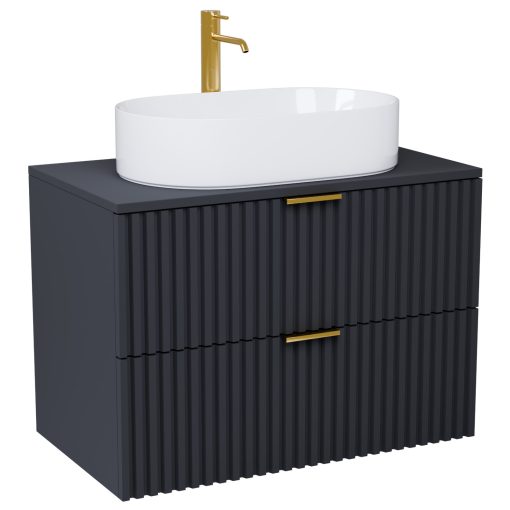 HD Rapallo Matt Antracit 80 komplett fürdőszoba bútor szett fali mosdószekrénnyel, szálcsiszolt arany fogantyúval, antracit mosdópulttal, tükörrel és magasszekrénnyel