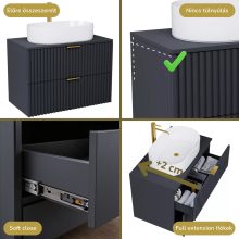 HD Rapallo Matt Antracit 80 komplett fürdőszoba bútor szett fali mosdószekrénnyel, szálcsiszolt arany fogantyúval, antracit mosdópulttal, tükörrel és magasszekrénnyel