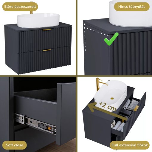 HD Rapallo Matt Antracit 80 komplett fürdőszoba bútor szett fali mosdószekrénnyel, szálcsiszolt arany fogantyúval, antracit mosdópulttal, tükörrel és magasszekrénnyel