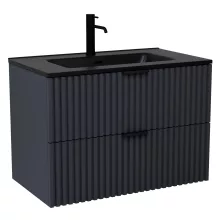 HD Ravello Matt Antracit 80 komplett fürdőszoba bútor szett fali mosdószekrénnyel, matt fekete fogantyúkkal, matt fekete slim mosdóval, tükörrel és magasszekrénnyel