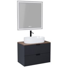 HD Rapallo Matt Antracit 80 komplett fürdőszoba bútor fali mosdószekrénnyel, matt fekete fogantyúkkal, tölgyfa színű mosdópulttal és tükörrel