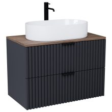 HD Rapallo Matt Antracit 80 komplett fürdőszoba bútor fali mosdószekrénnyel, matt fekete fogantyúkkal, tölgyfa színű mosdópulttal és tükörrel