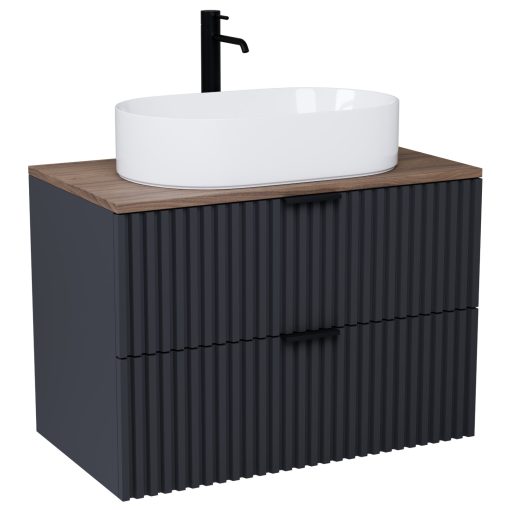 HD Rapallo Matt Antracit 80 komplett fürdőszoba bútor fali mosdószekrénnyel, matt fekete fogantyúkkal, tölgyfa színű mosdópulttal és tükörrel