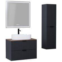 HD Rapallo Matt Antracit 80 komplett fürdőszoba bútor szett fali mosdószekrénnyel, matt fekete fogantyúval, tölgyfa színű mosdópulttal, tükörrel és magasszekrénnyel