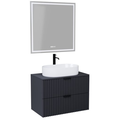 HD Rapallo Matt Antracit 80 komplett fürdőszoba bútor fali mosdószekrénnyel, matt fekete fogantyúkkal, antracit mosdópulttal és tükörrel