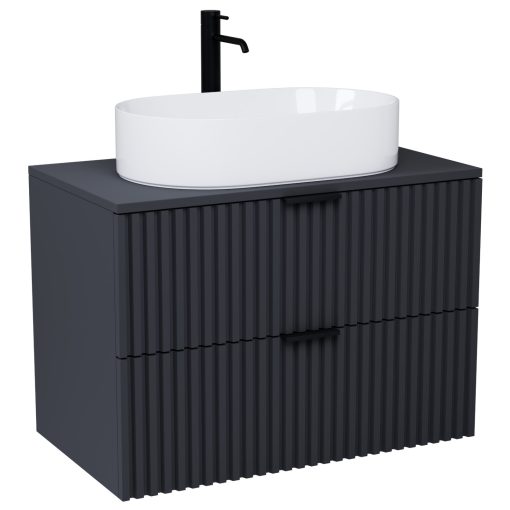 HD Rapallo Matt Antracit 80 komplett fürdőszoba bútor fali mosdószekrénnyel, matt fekete fogantyúkkal, antracit mosdópulttal és tükörrel