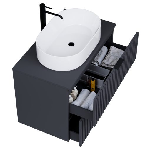 HD Rapallo Matt Antracit 80 komplett fürdőszoba bútor fali mosdószekrénnyel, matt fekete fogantyúkkal, antracit mosdópulttal és tükörrel