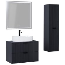 HD Rapallo Matt Antracit 80 komplett fürdőszoba bútor szett fali mosdószekrénnyel, matt fekete fogantyúval, antracit mosdópulttal, tükörrel és magasszekrénnyel