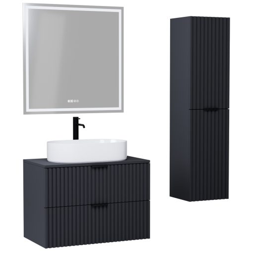 HD Rapallo Matt Antracit 80 komplett fürdőszoba bútor szett fali mosdószekrénnyel, matt fekete fogantyúval, antracit mosdópulttal, tükörrel és magasszekrénnyel
