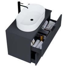 HD Rapallo Matt Antracit 80 komplett fürdőszoba bútor szett fali mosdószekrénnyel, matt fekete fogantyúval, antracit mosdópulttal, tükörrel és magasszekrénnyel