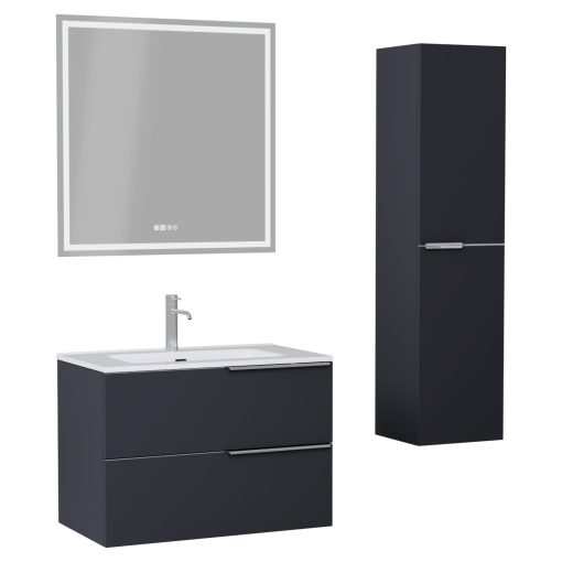 HD Cremona Matt Antracit 80 komplett fürdőszoba bútor szett fali mosdószekrénnyel, fényes króm fogantyúkkal, fényes fehér slim mosdóval, tükörrel és magasszekrénnyel