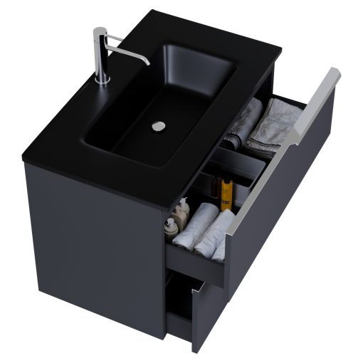 HD Cremona Matt Antracit 80 fali mosdószekrény fényes króm fogantyúkkal és matt fekete slim mosdóval