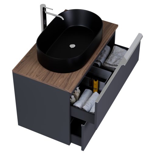 HD Carona Matt Antracit 80 fali mosdószekrény tölgyfa színű mosdópulttal és fényes króm fogantyúkkal