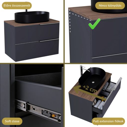 HD Carona Matt Antracit 80 fali mosdószekrény tölgyfa színű mosdópulttal és fényes króm fogantyúkkal