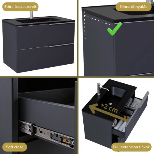 HD Cremona Matt Antracit 80 fali mosdószekrény szálcsiszolt króm fogantyúkkal és matt fekete slim mosdóval