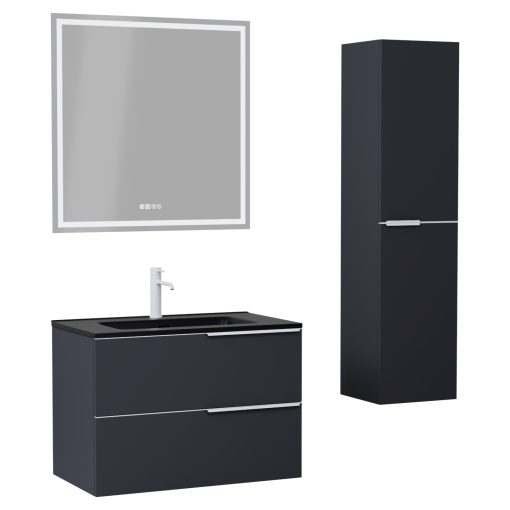 HD Cremona Matt Antracit 80 komplett fürdőszoba bútor szett fali mosdószekrénnyel, matt fehér fogantyúkkal, matt fekete slim mosdóval, tükörrel és magasszekrénnyel