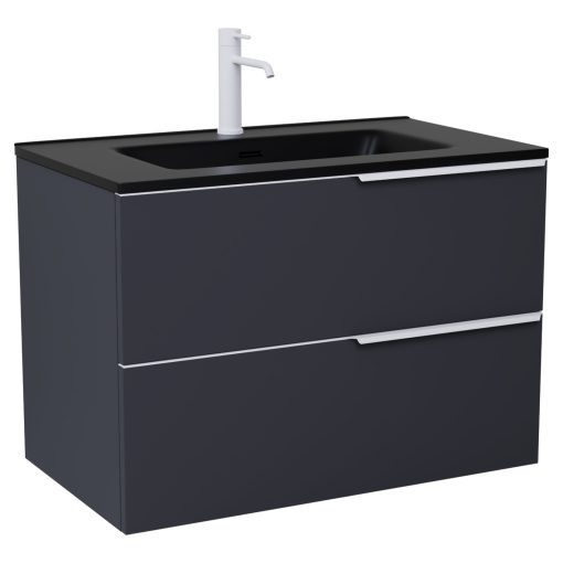 HD Cremona Matt Antracit 80 komplett fürdőszoba bútor szett fali mosdószekrénnyel, matt fehér fogantyúkkal, matt fekete slim mosdóval, tükörrel és magasszekrénnyel