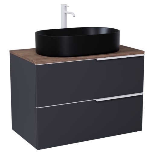 HD Carona Matt Antracit 80 fali mosdószekrény tölgyfa színű mosdópulttal és matt fehér fogantyúkkal