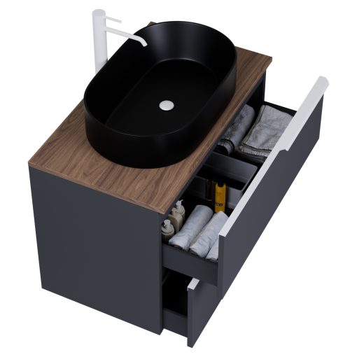 HD Carona Matt Antracit 80 fali mosdószekrény tölgyfa színű mosdópulttal és matt fehér fogantyúkkal