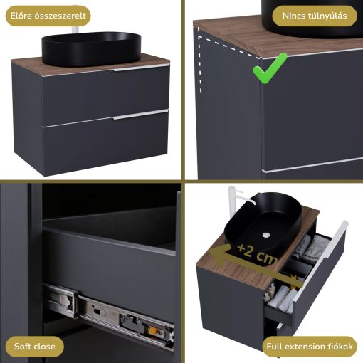 HD Carona Matt Antracit 80 fali mosdószekrény tölgyfa színű mosdópulttal és matt fehér fogantyúkkal