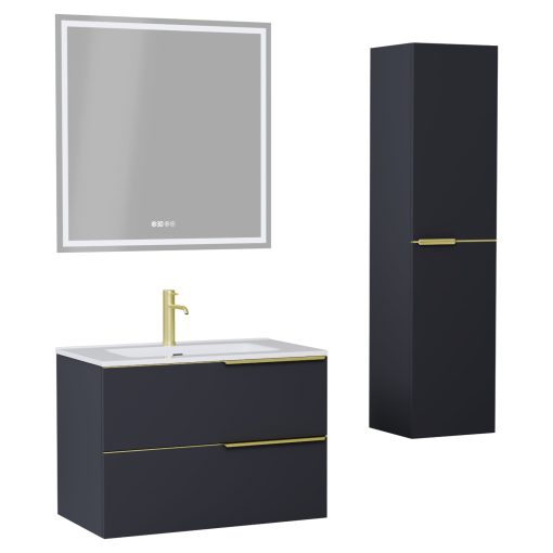 HD Cremona Matt Antracit 80 komplett fürdőszoba bútor szett fali mosdószekrénnyel, szálcsiszolt arany fogantyúkkal, fényes fehér slim mosdóval, tükörrel és magasszekrénnyel