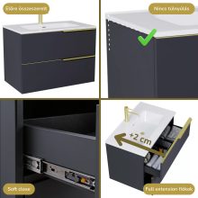 HD Cremona Matt Antracit 80 komplett fürdőszoba bútor szett fali mosdószekrénnyel, szálcsiszolt arany fogantyúkkal, fényes fehér slim mosdóval, tükörrel és magasszekrénnyel