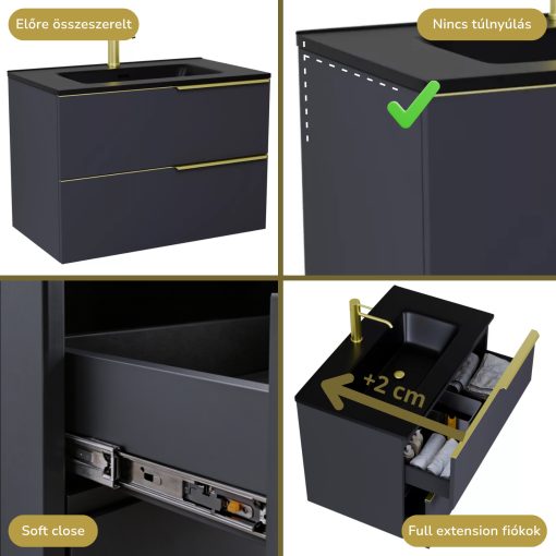 HD Cremona Matt Antracit 80 fali mosdószekrény szálcsiszolt arany fogantyúkkal és matt fekete slim mosdóval