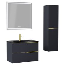 HD Cremona Matt Antracit 80 komplett fürdőszoba bútor szett fali mosdószekrénnyel, szálcsiszolt arany fogantyúkkal, matt fekete slim mosdóval, tükörrel és magasszekrénnyel