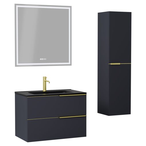 HD Cremona Matt Antracit 80 komplett fürdőszoba bútor szett fali mosdószekrénnyel, szálcsiszolt arany fogantyúkkal, matt fekete slim mosdóval, tükörrel és magasszekrénnyel