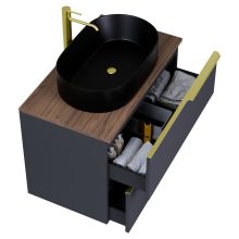 HD Carona Matt Antracit 80 fali mosdószekrény tölgyfa színű mosdópulttal és szálcsiszolt arany fogantyúkkal