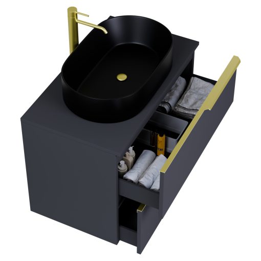 HD Carona Matt Antracit 80 fali mosdószekrény matt antracit mosdópulttal és szálcsiszolt arany fogantyúkkal